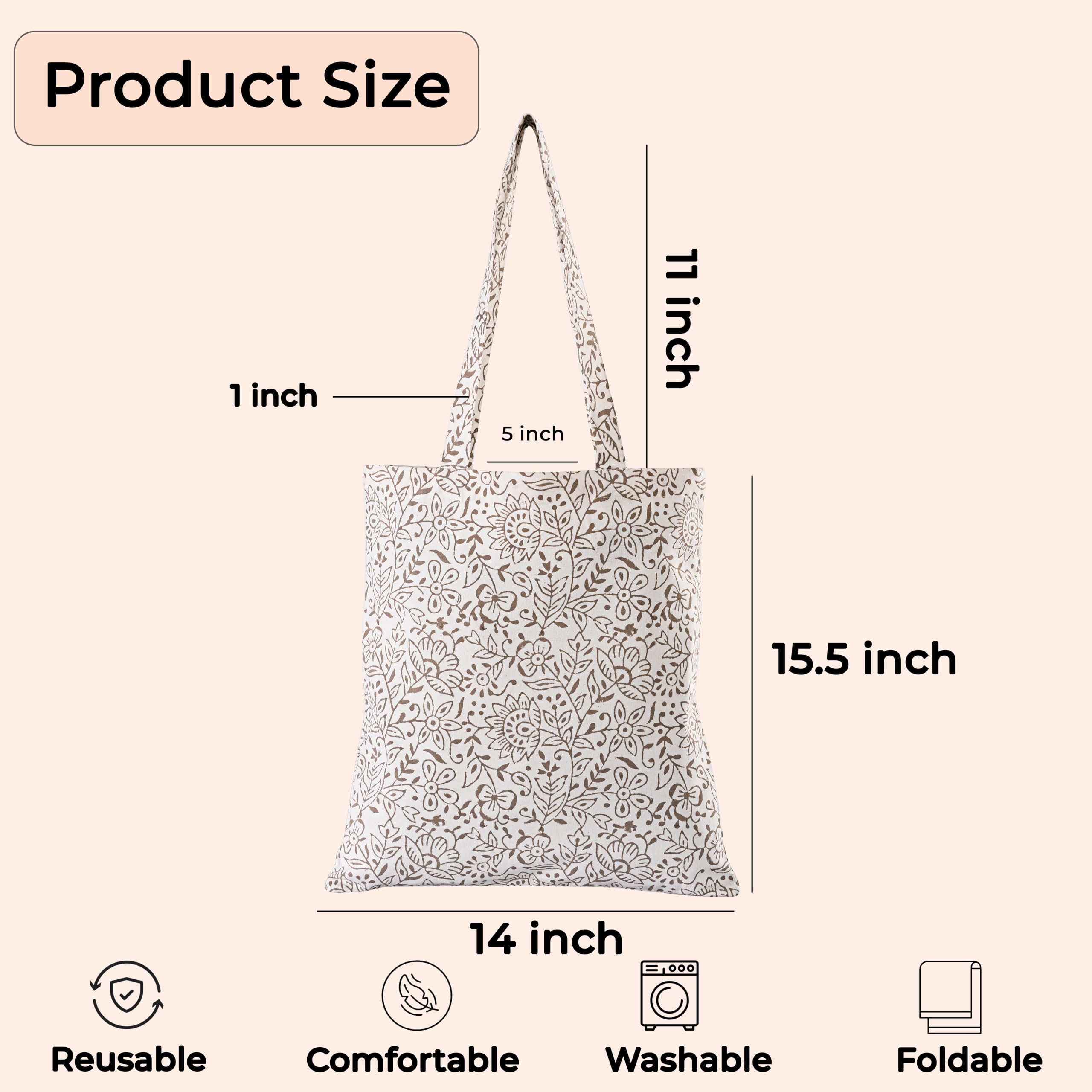 Ridhi Hand Block Printed Cotton Canvas Tote Bags For Women Set 2 15" x16” Floral Boho Reusable Shoulder Bag Gifts For Fall - Image 4