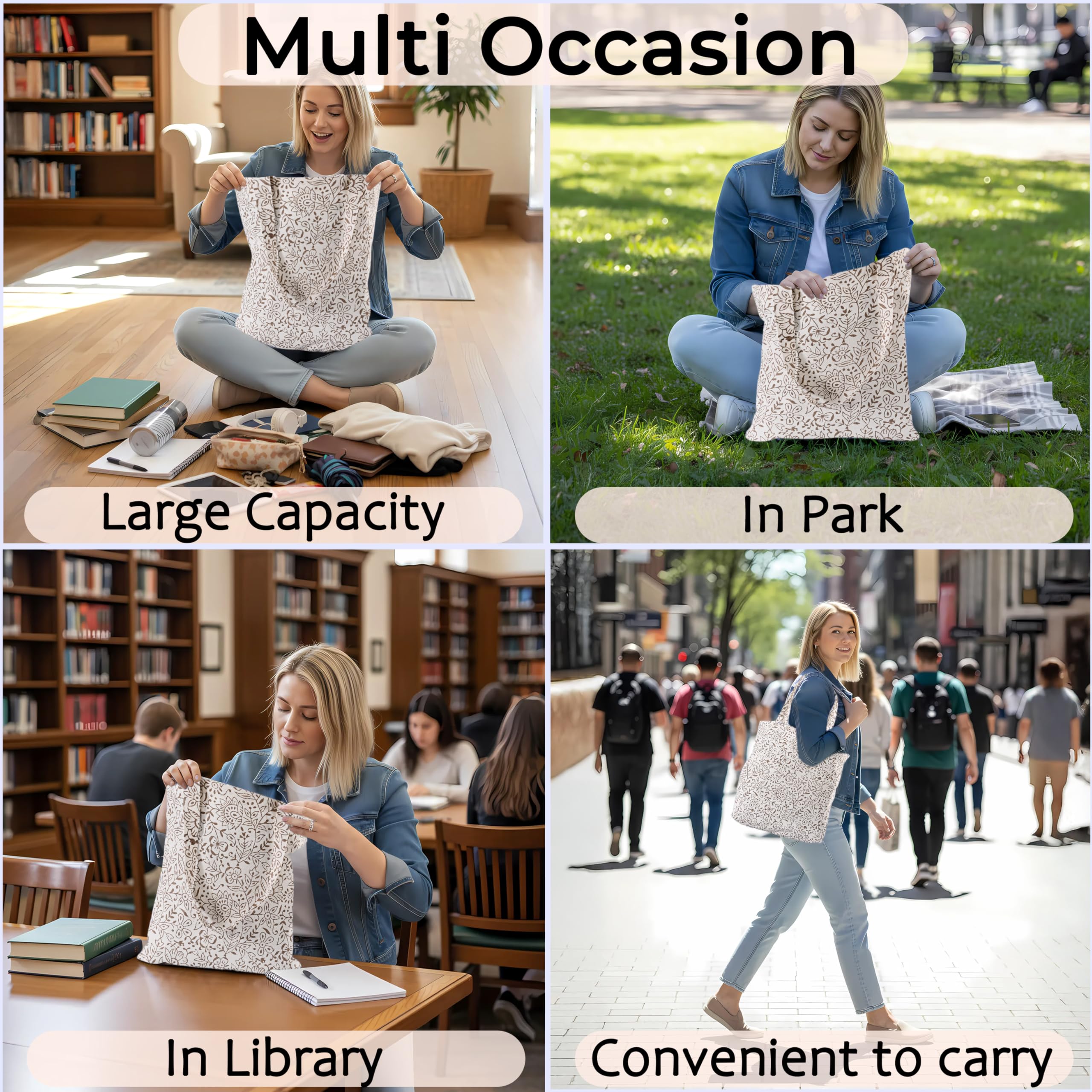 Ridhi Hand Block Printed Cotton Canvas Tote Bags For Women Set 2 15" x16” Floral Boho Reusable Shoulder Bag Gifts For Fall - Image 5