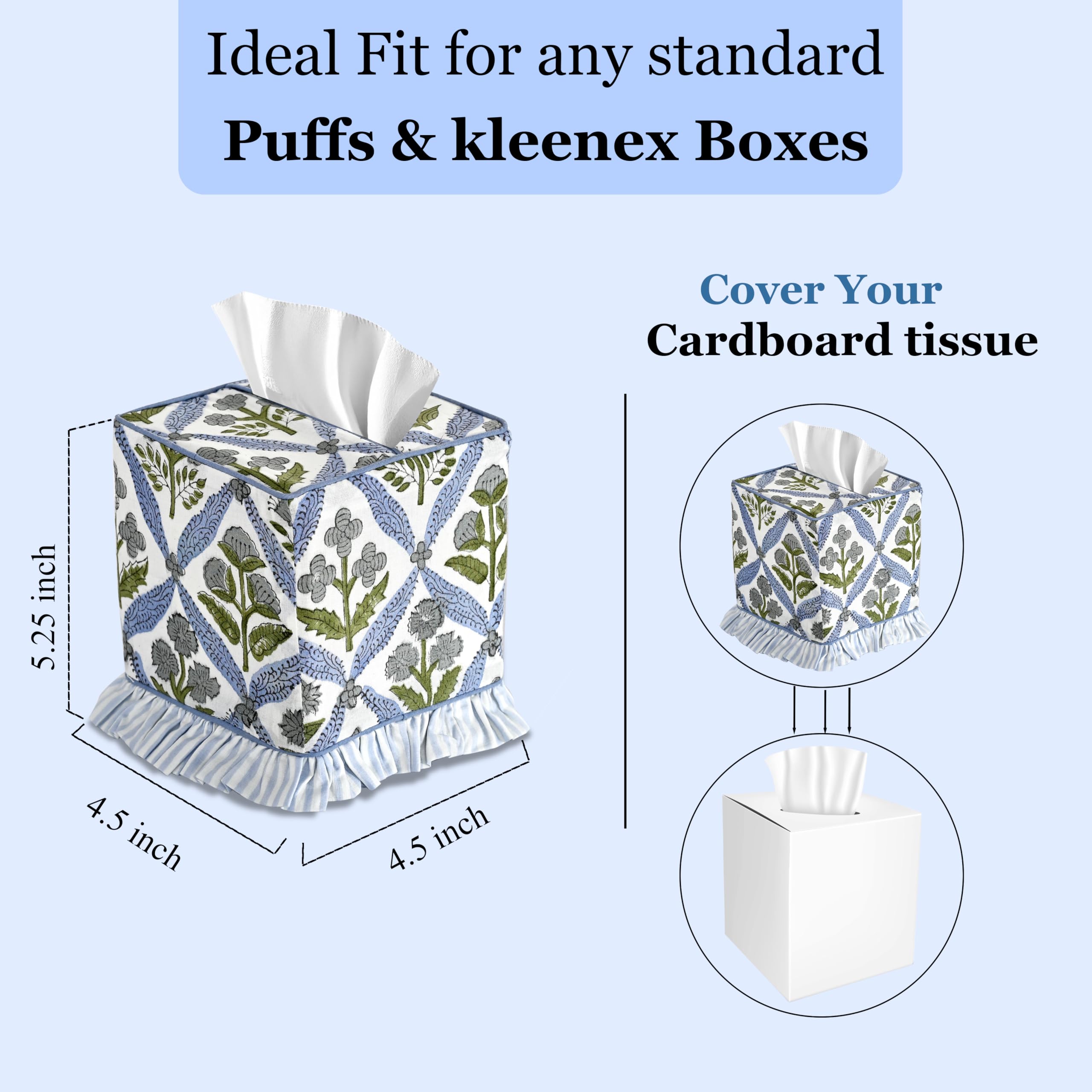 Ridhi Light Steel Blue Block Print Ruffle Tissue Box Cover Handmade Cotton Decorative Square Napkin Holder for Home Bedroom Living Room Bathroom Vanity Countertop Car Office Kitchen - Image 3