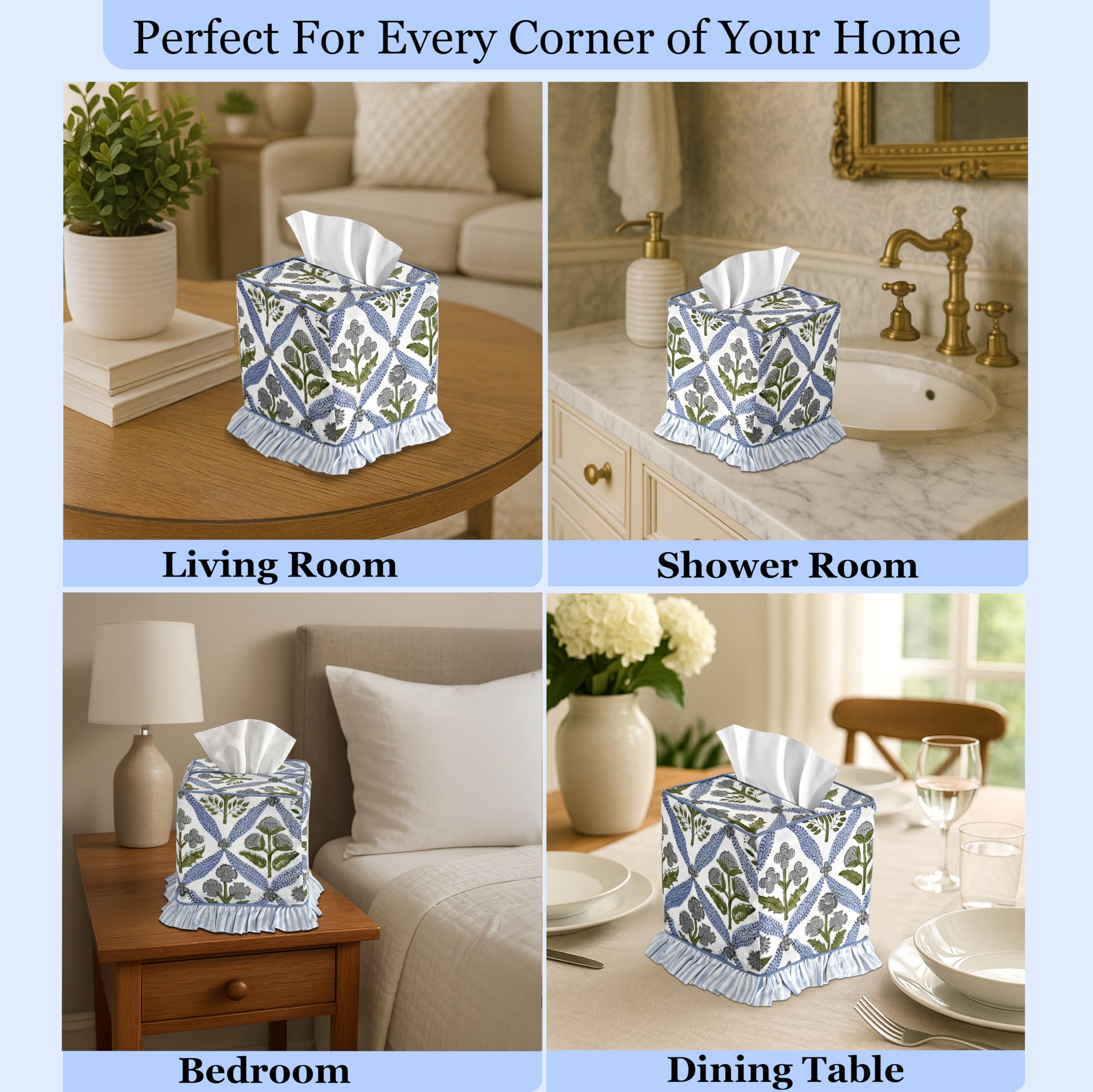 Ridhi Light Steel Blue Block Print Ruffle Tissue Box Cover Handmade Cotton Decorative Square Napkin Holder for Home Bedroom Living Room Bathroom Vanity Countertop Car Office Kitchen - Image 5