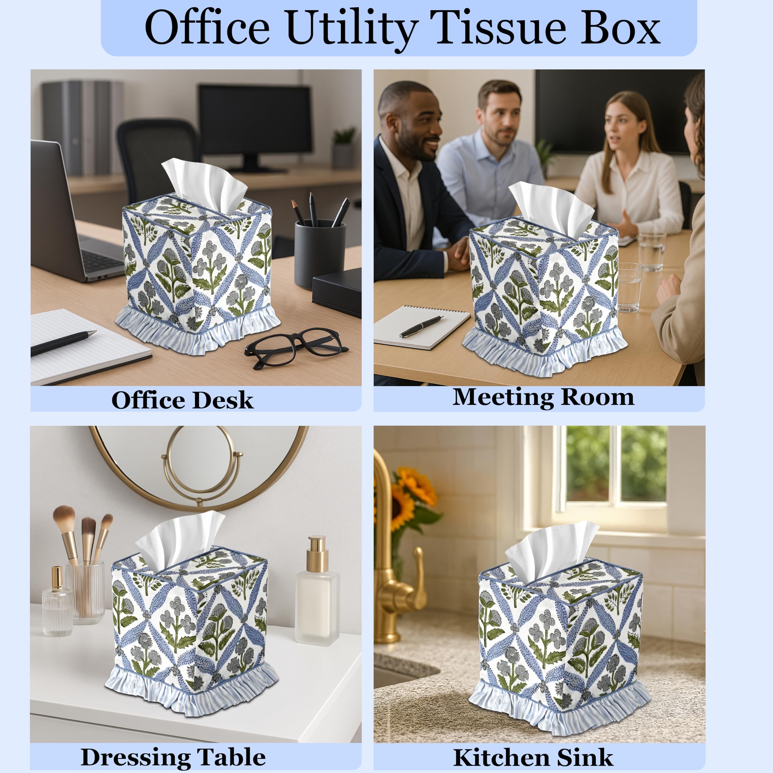 Ridhi Light Steel Blue Block Print Ruffle Tissue Box Cover Handmade Cotton Decorative Square Napkin Holder for Home Bedroom Living Room Bathroom Vanity Countertop Car Office Kitchen - Image 6