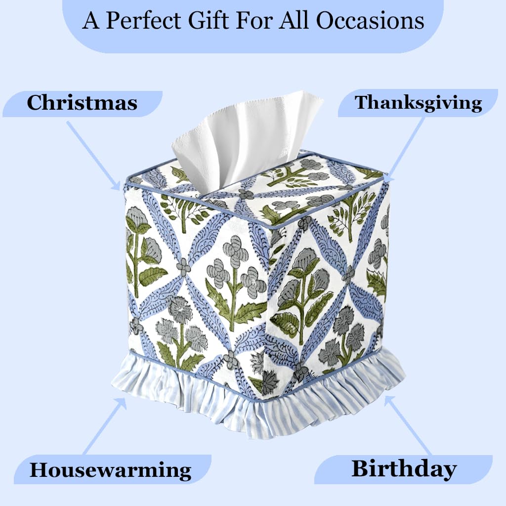 Ridhi Light Steel Blue Block Print Ruffle Tissue Box Cover Handmade Cotton Decorative Square Napkin Holder for Home Bedroom Living Room Bathroom Vanity Countertop Car Office Kitchen - Image 7