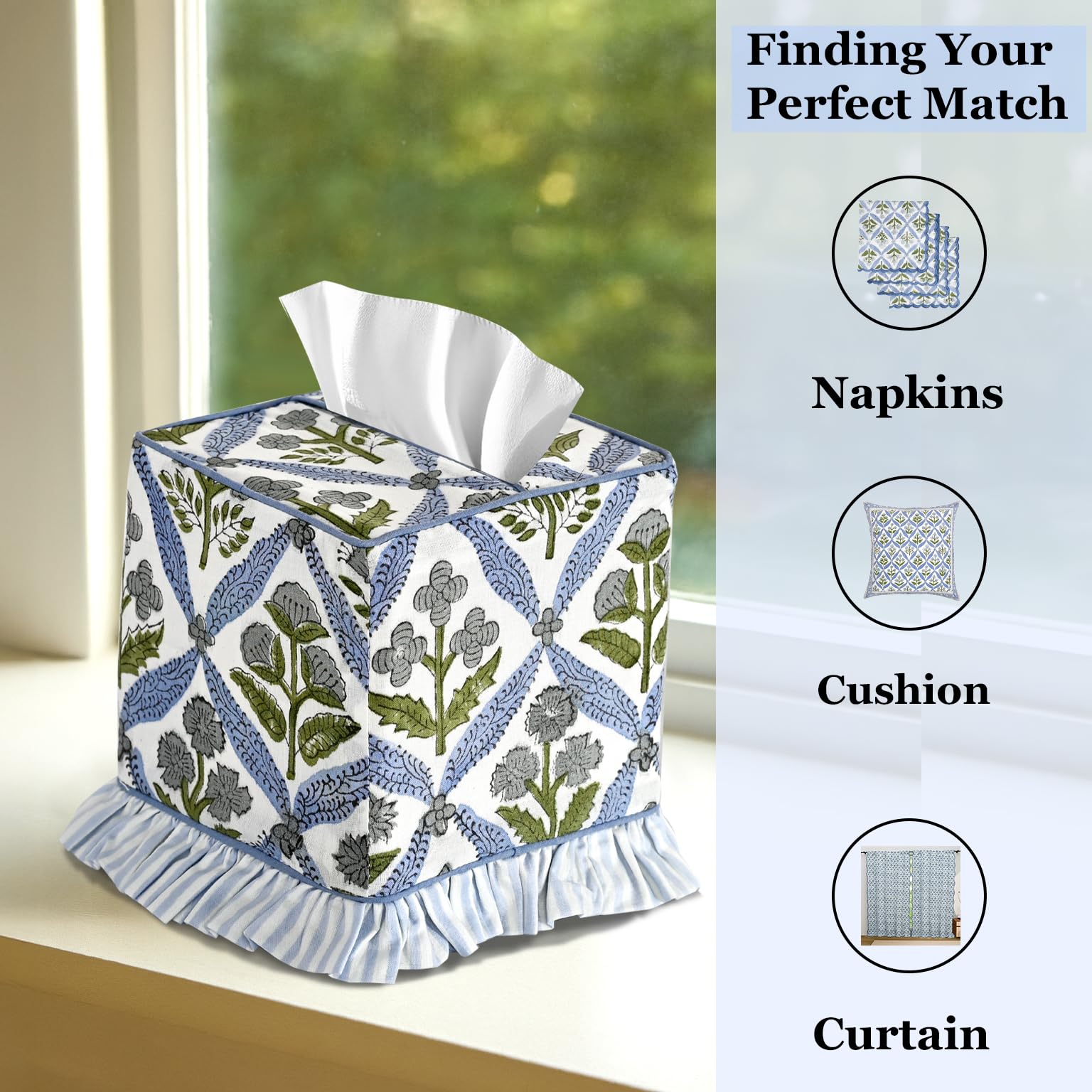 Ridhi Light Steel Blue Block Print Ruffle Tissue Box Cover Handmade Cotton Decorative Square Napkin Holder for Home Bedroom Living Room Bathroom Vanity Countertop Car Office Kitchen - Image 8