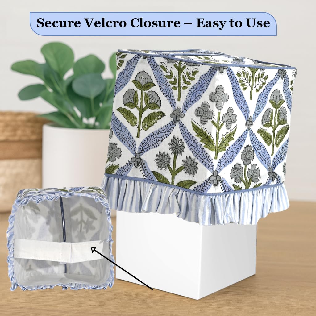 Ridhi Light Steel Blue Block Print Ruffle Tissue Box Cover Handmade Cotton Decorative Square Napkin Holder for Home Bedroom Living Room Bathroom Vanity Countertop Car Office Kitchen - Image 9