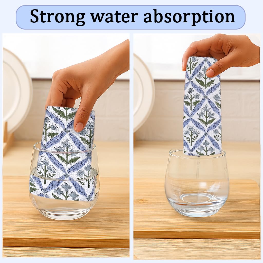 Ridhi Light Steel Blue Hand Block Print Cotton Waffle Dish Cloth Set of 6-12x12 Inch Super Absorbent, Soft, Reusable Kitchen Towels for Dish Drying Cleaning, Ideal for Spring, Easter, Valentine - Image 6