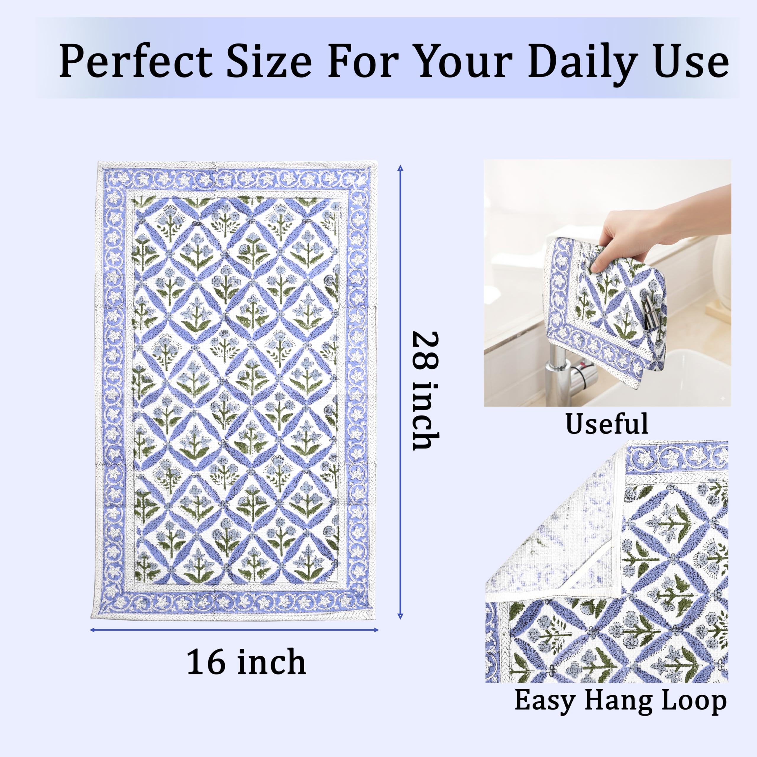 Ridhi Light Steel Blue Hand Block Print Waffle Kitchen Towel Set of 3-16 x28 Ultra Absorbent Quick Dry 100% Cotton Dish Towels Lightweight Reusable Sustainable Tea Towels for Cleaning and Drying - Image 3