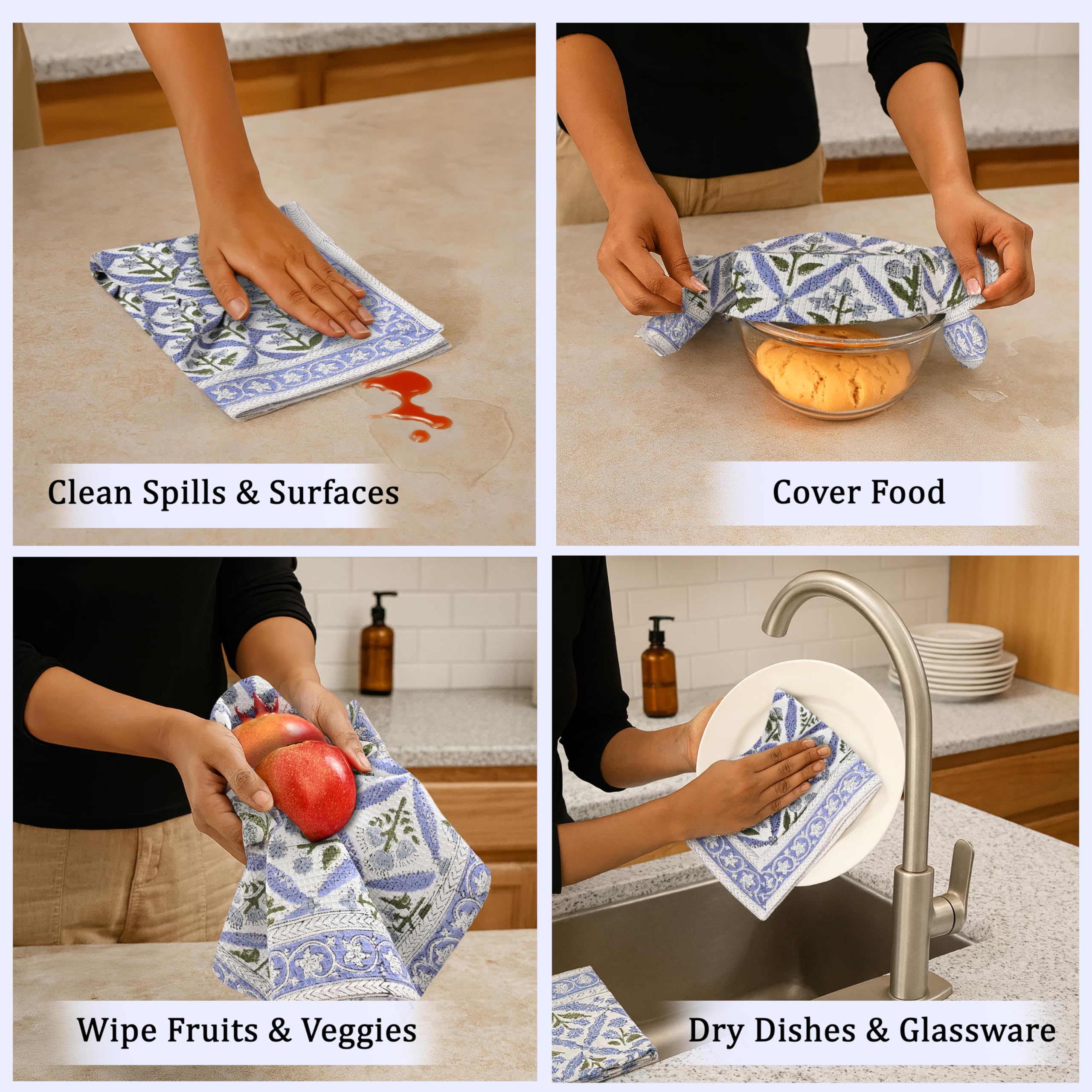 Ridhi Light Steel Blue Hand Block Print Waffle Kitchen Towel Set of 3-16 x28 Ultra Absorbent Quick Dry 100% Cotton Dish Towels Lightweight Reusable Sustainable Tea Towels for Cleaning and Drying - Image 5