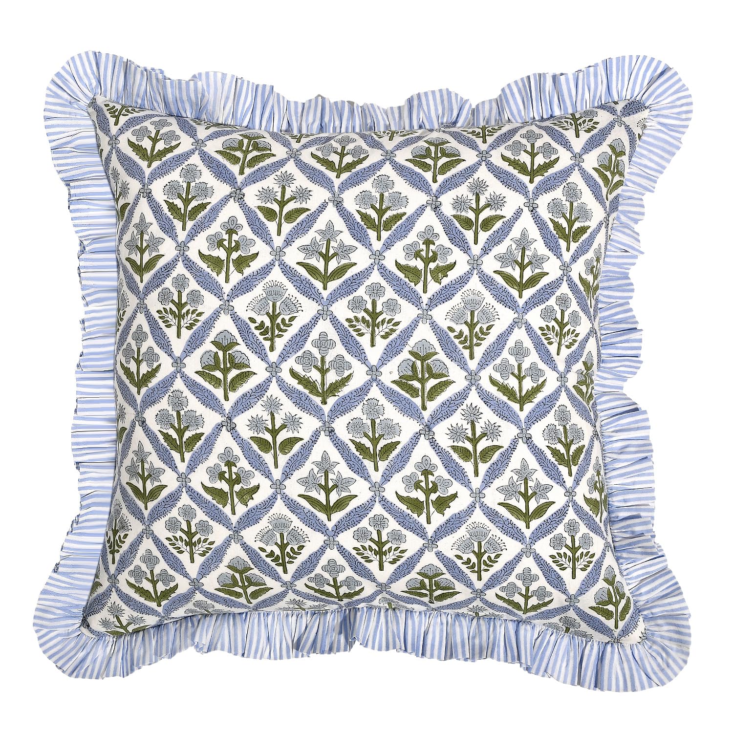 Ridhi Modern Farmhouse Pillow Cover Bundle – Set of 2 Asparagus Green Ruffle Cushion Covers + Set of 2 Light Steel Blue Ruffle Cushion Covers, 24x24 Cotton Throw Pillows for Couch, Sofa & Bed - Image 8