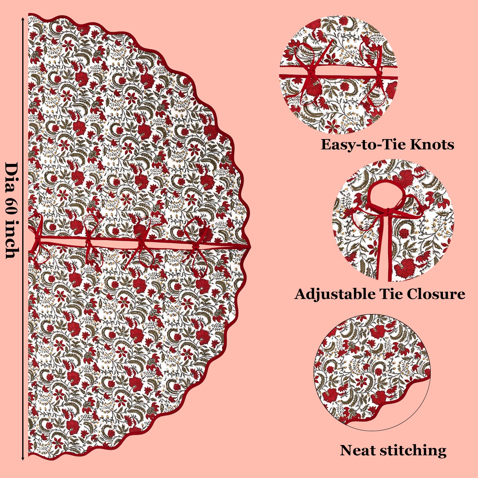 Ridhi Prune Red Hand Block Printed Christmas Tree Skirt 40'' Inch Cute, Boho,Decorative, Rustic, Vintage, Indoor, Outdoor, Holiday Decor, Christmas Decoration Halloween Fall Thanksgiving Gifts - Image 3