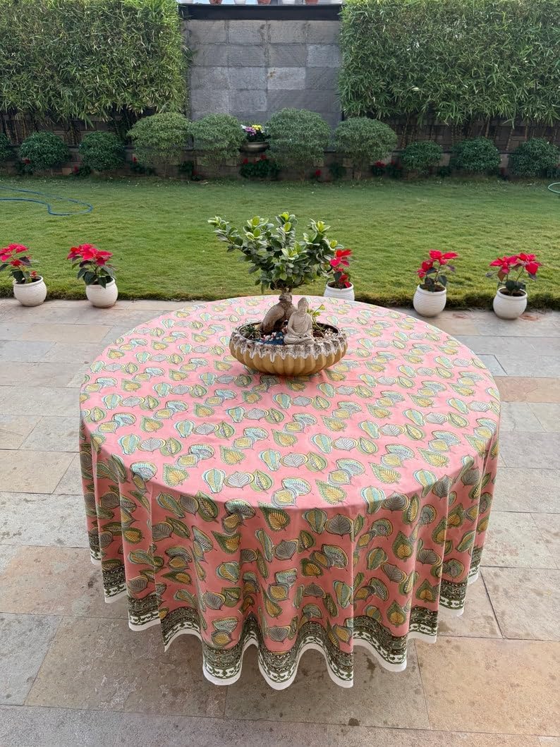 Ridhi Round Tablecloth Hand Block Print 100% Cotton Reusable Salmon Pink 110 Inch Table Cover Decorative Everyday Use for Dining, Home, Party, Wedding, Farmhouse, Party Gift for Spring, Mother's Day - Image 4