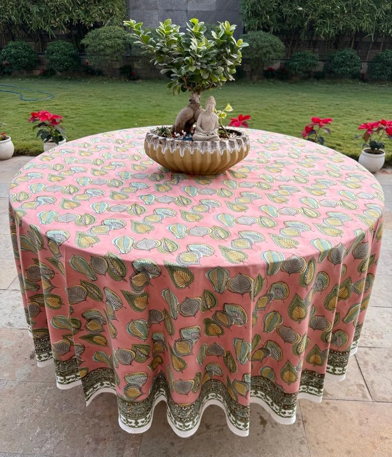 Ridhi Round Tablecloth Hand Block Print 100% Cotton Reusable Salmon Pink 110 Inch Table Cover Decorative Everyday Use for Dining, Home, Party, Wedding, Farmhouse, Party Gift for Spring, Mother's Day - Image 5