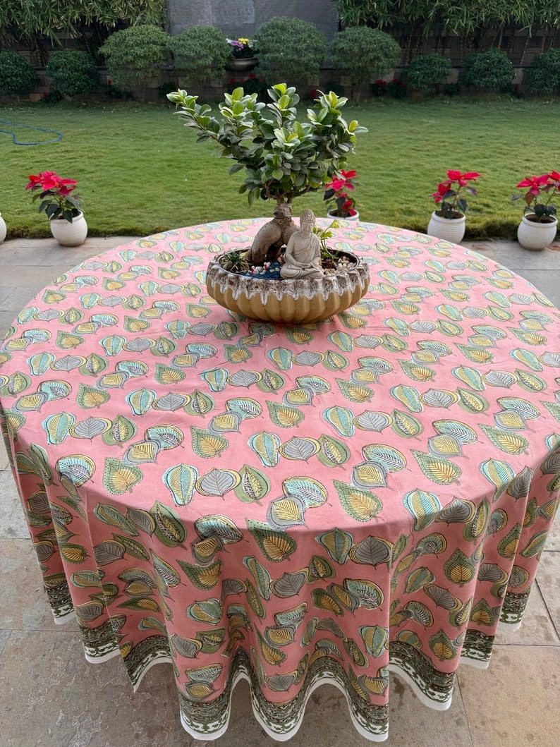 Ridhi Round Tablecloth Hand Block Print 100% Cotton Reusable Salmon Pink 110 Inch Table Cover Decorative Everyday Use for Dining, Home, Party, Wedding, Farmhouse, Party Gift for Spring, Mother's Day - Image 9