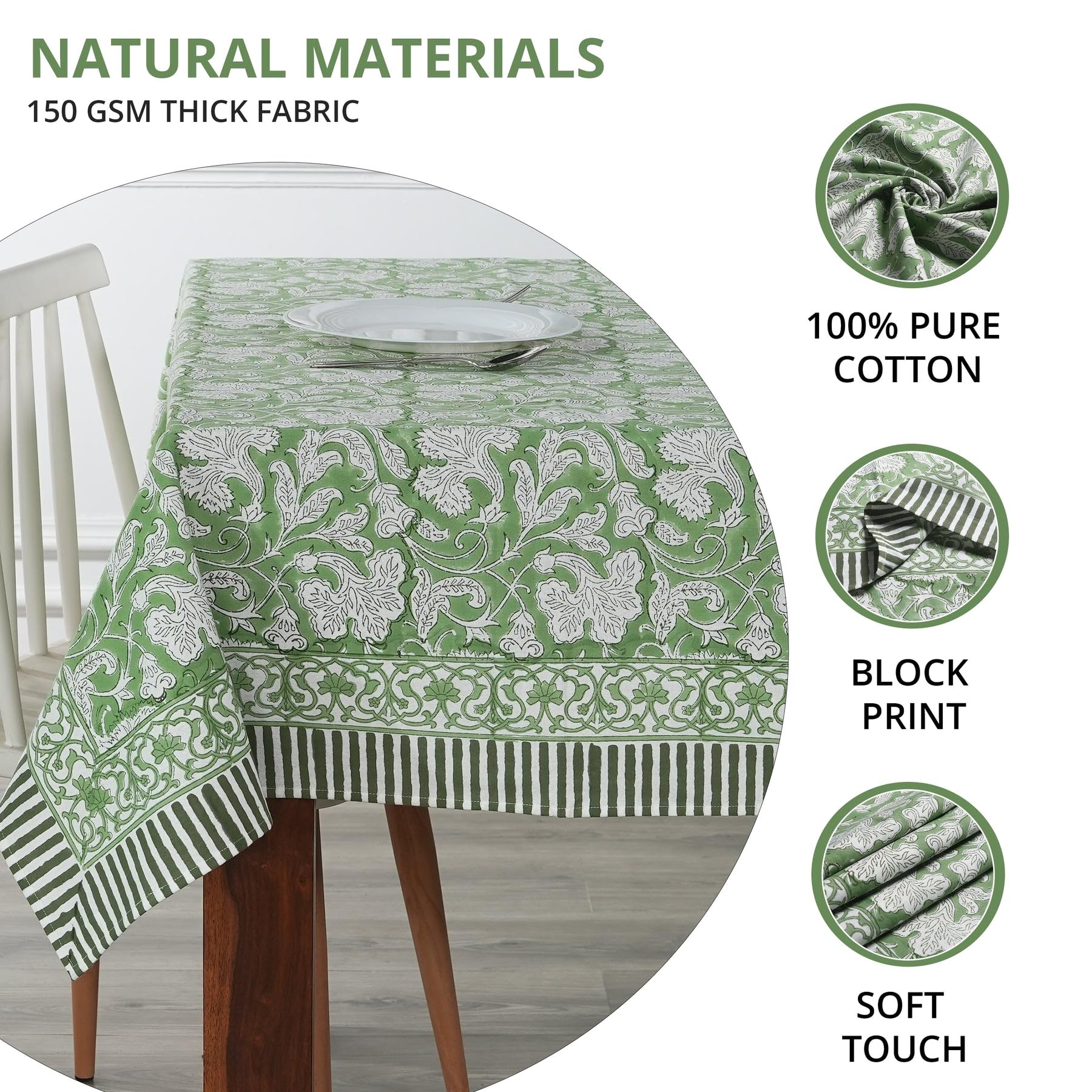 Ridhi Hand Block Print Cotton Tablecloth Set of 2 – Sage Green & Steel Blue 60x60 Inch Square – 100% Cotton Washable Decorative Table Covers for Dining, Farmhouse, Wedding, Fall, Thanksgiving & Christ - Image 5