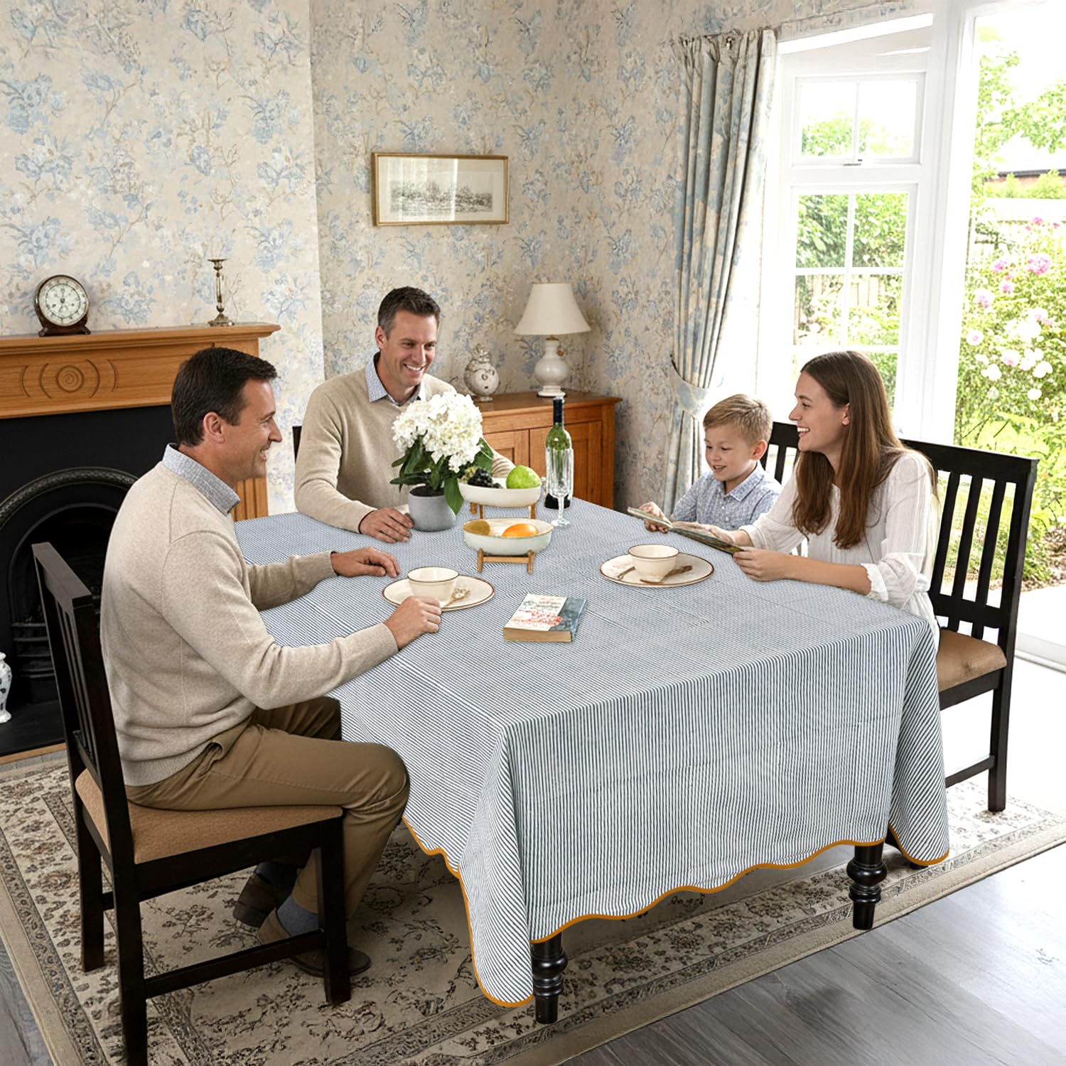 Ridhi Slate Blue Stripe Block Print 60x90 Rectangle Tablecloth Table Cover for Dining Tables, Handcrafted Farmhouse Kitchen Decor, Washable, Decorative Tablecloths for Spring, Easter, Valentine - Image 3