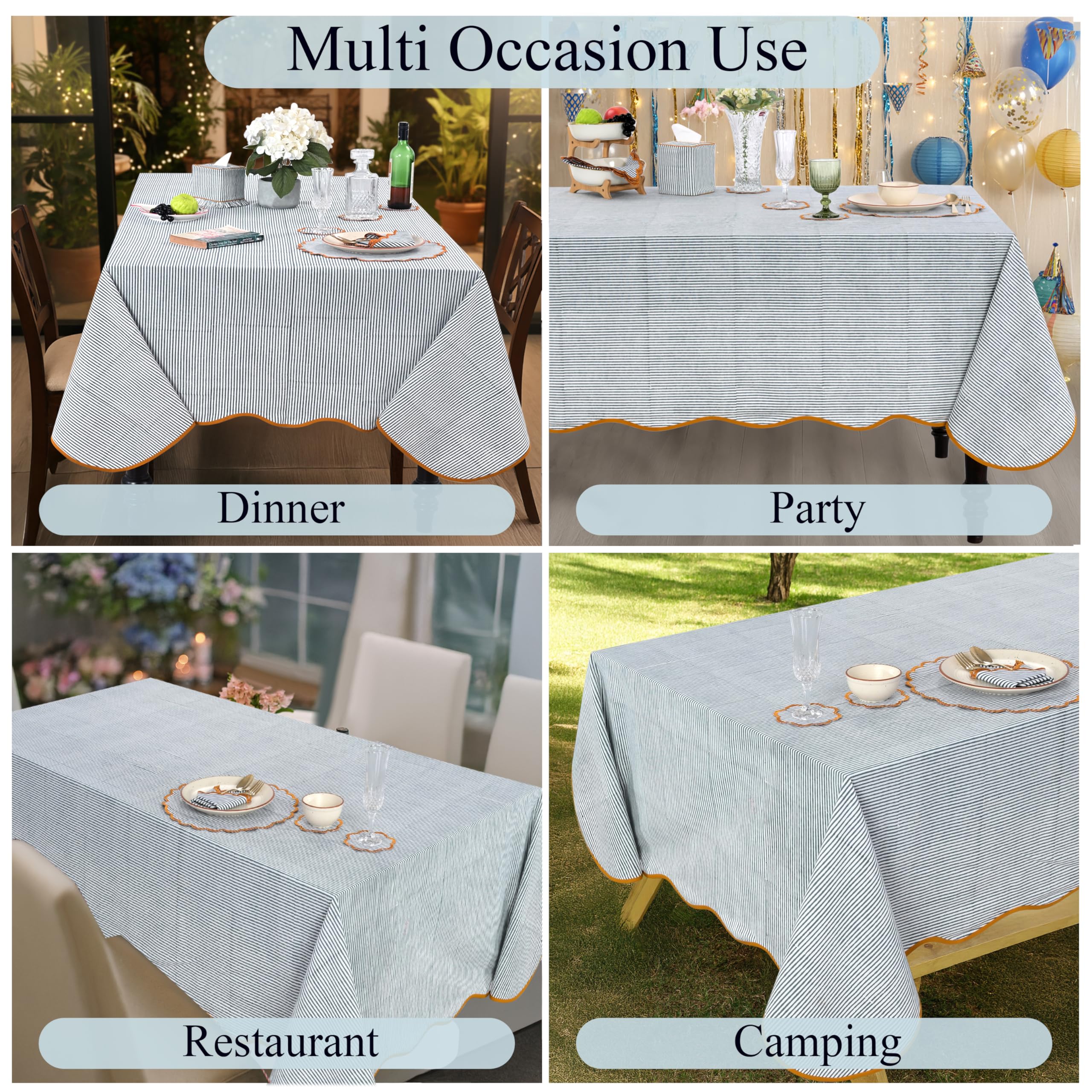 Ridhi Slate Blue Stripe Block Print 60x90 Rectangle Tablecloth Table Cover for Dining Tables, Handcrafted Farmhouse Kitchen Decor, Washable, Decorative Tablecloths for Spring, Easter, Valentine - Image 5