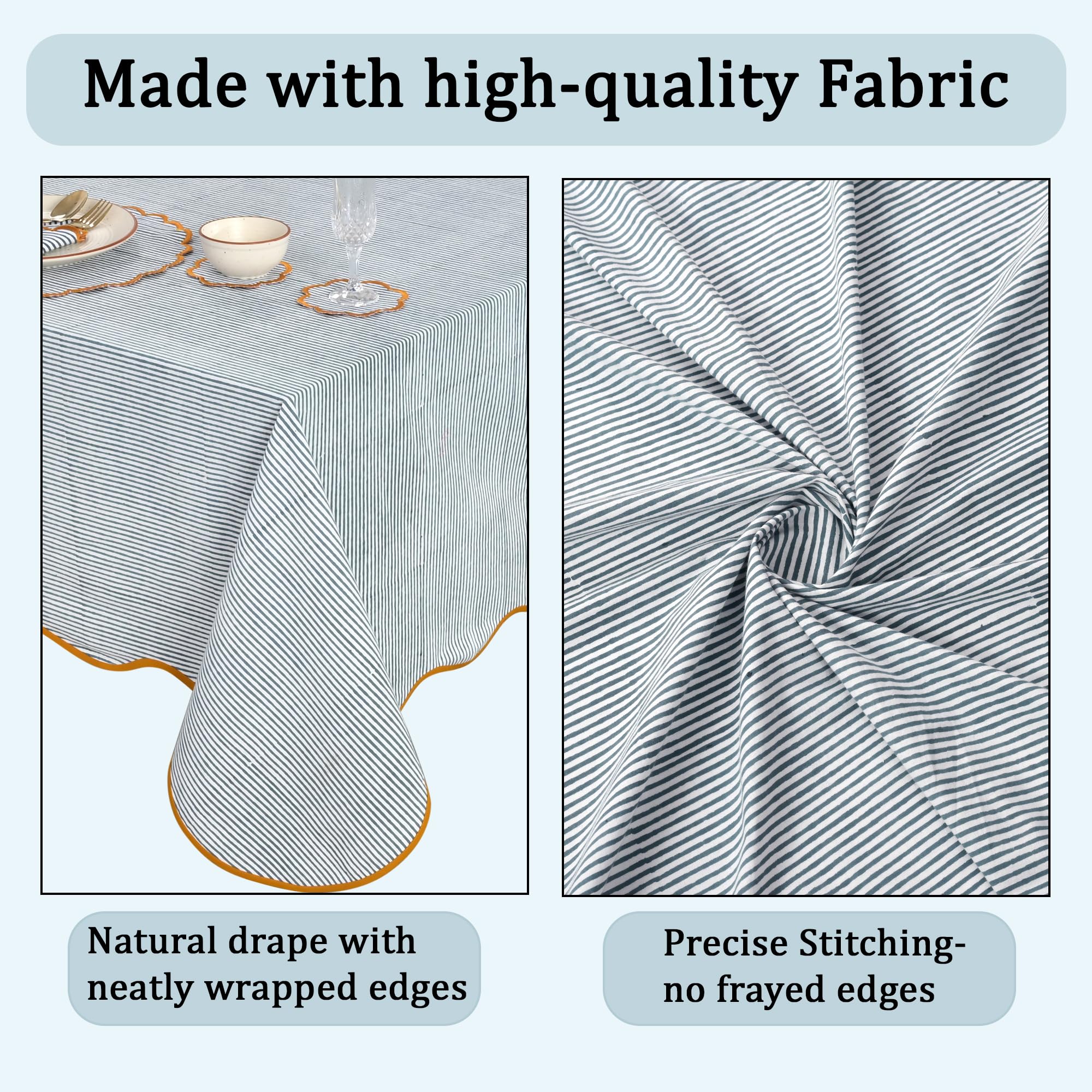 Ridhi Slate Blue Stripe Block Print 60x90 Rectangle Tablecloth Table Cover for Dining Tables, Handcrafted Farmhouse Kitchen Decor, Washable, Decorative Tablecloths for Spring, Easter, Valentine - Image 6