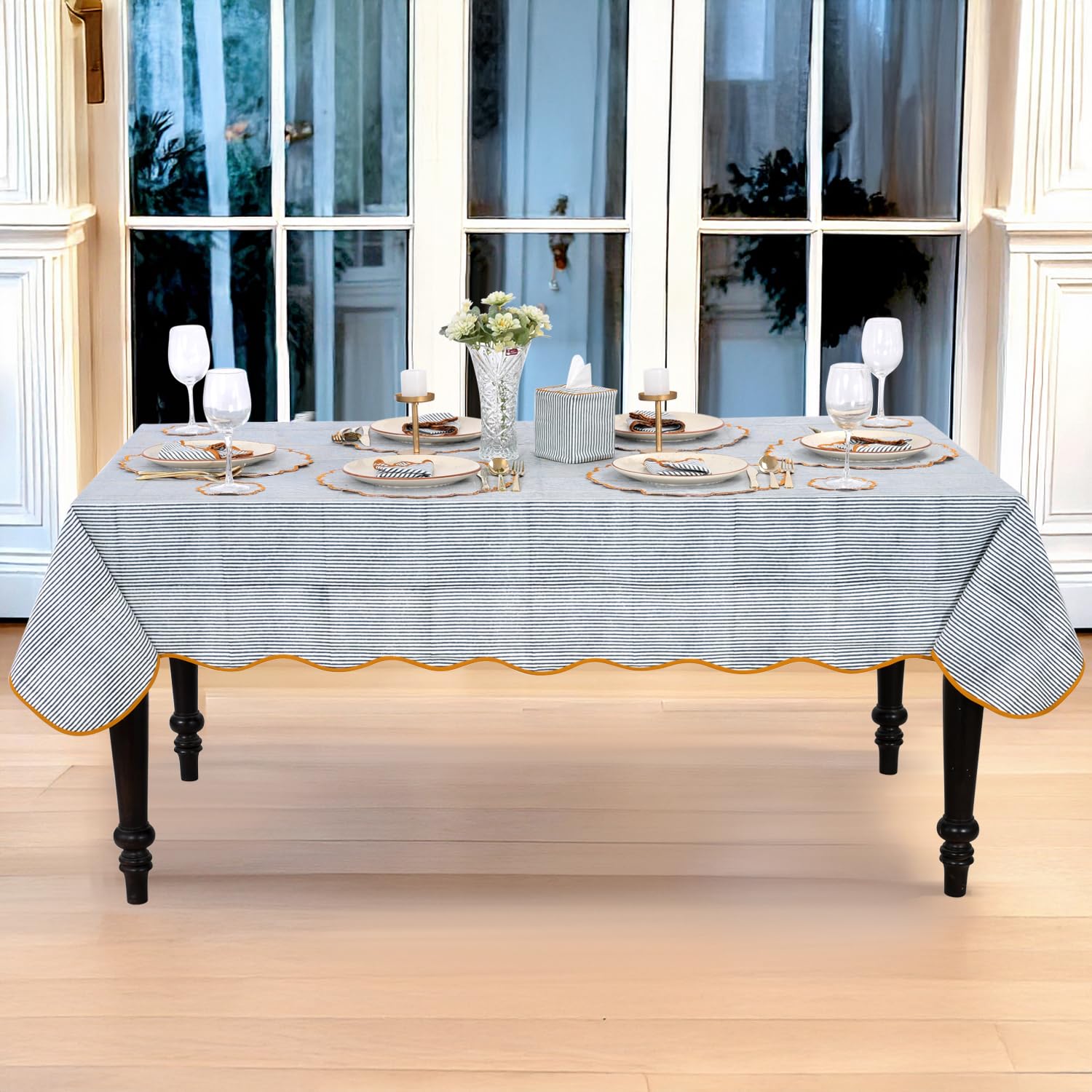 Ridhi Slate Blue Stripe Block Print 60x90 Rectangle Tablecloth Table Cover for Dining Tables, Handcrafted Farmhouse Kitchen Decor, Washable, Decorative Tablecloths for Spring, Easter, Valentine - Image 7