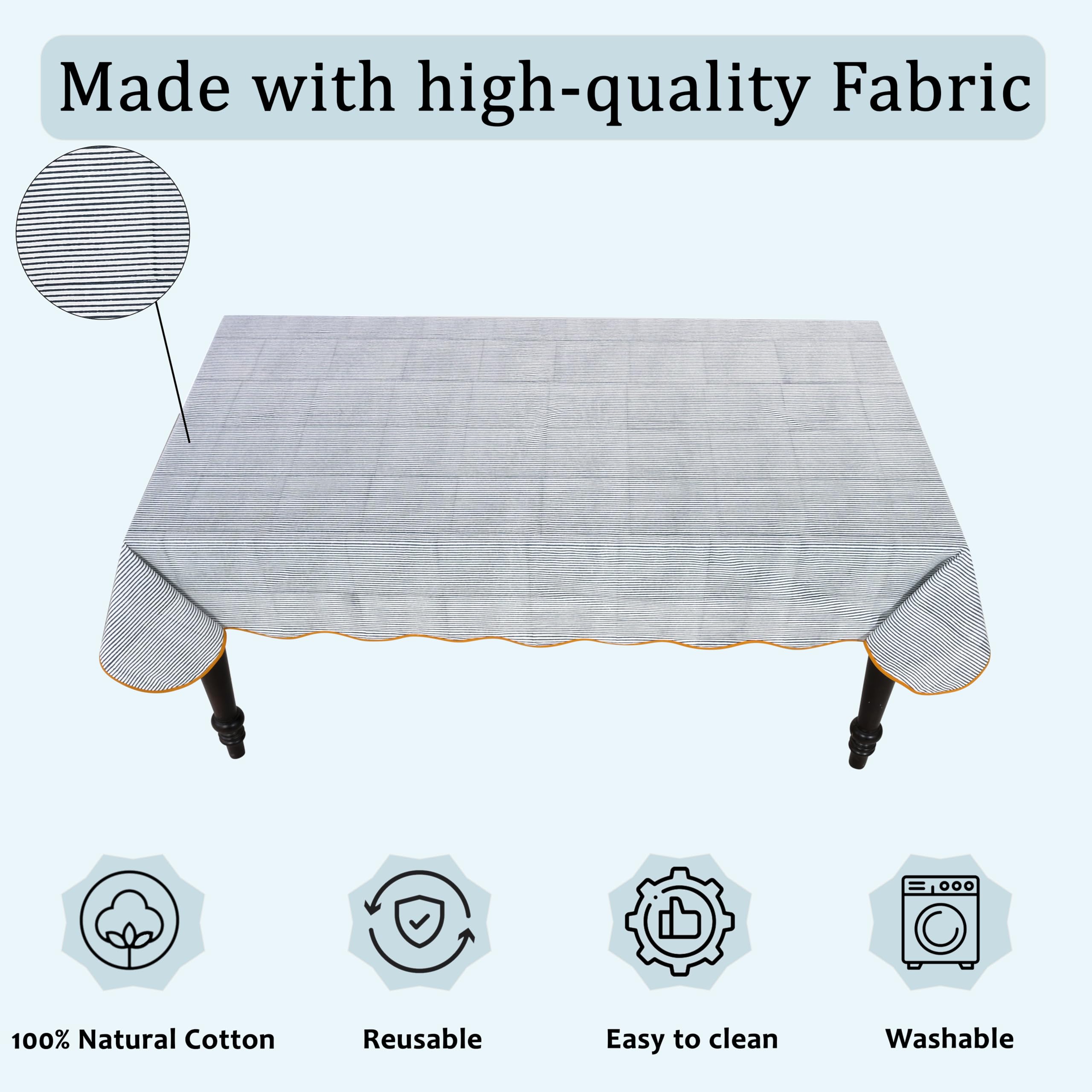 Ridhi Slate Blue Stripe Block Print 60x90 Rectangle Tablecloth Table Cover for Dining Tables, Handcrafted Farmhouse Kitchen Decor, Washable, Decorative Tablecloths for Spring, Easter, Valentine - Image 8