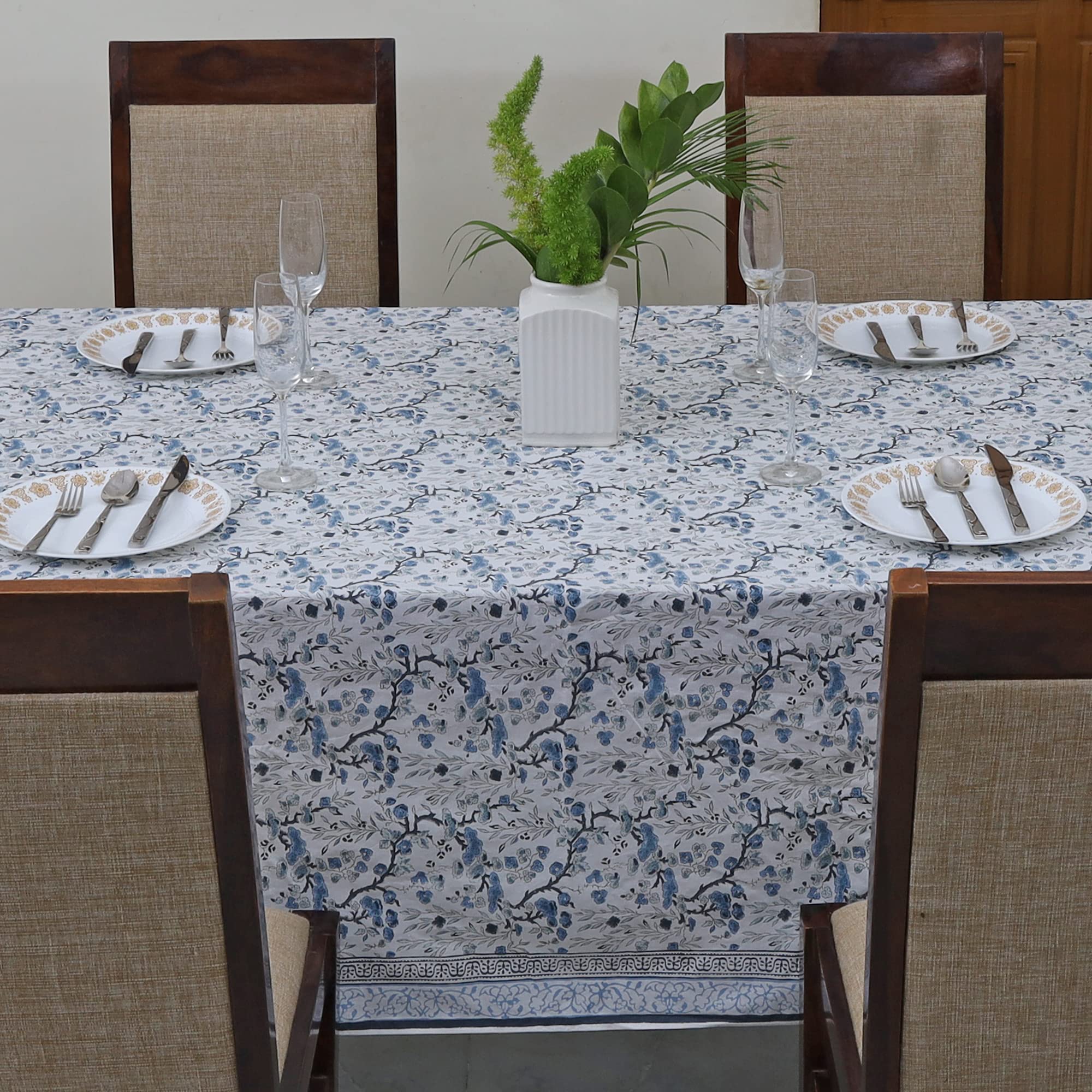 Ridhi Hand Block Print Cotton Tablecloth Set of 2 – Spruce Carolina Blue & Steel Blue 60x60 Square Washable Table Covers for Dining, Home, Wedding, Banquet, Spring/Summer & Fall Use - Image 4